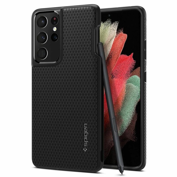 Защитен калъф, съвместим със Samsung Galaxy S21 Ultra, Liquid Air Pen, термопластичен, противоплъзгащ, с държач за писалка, черен