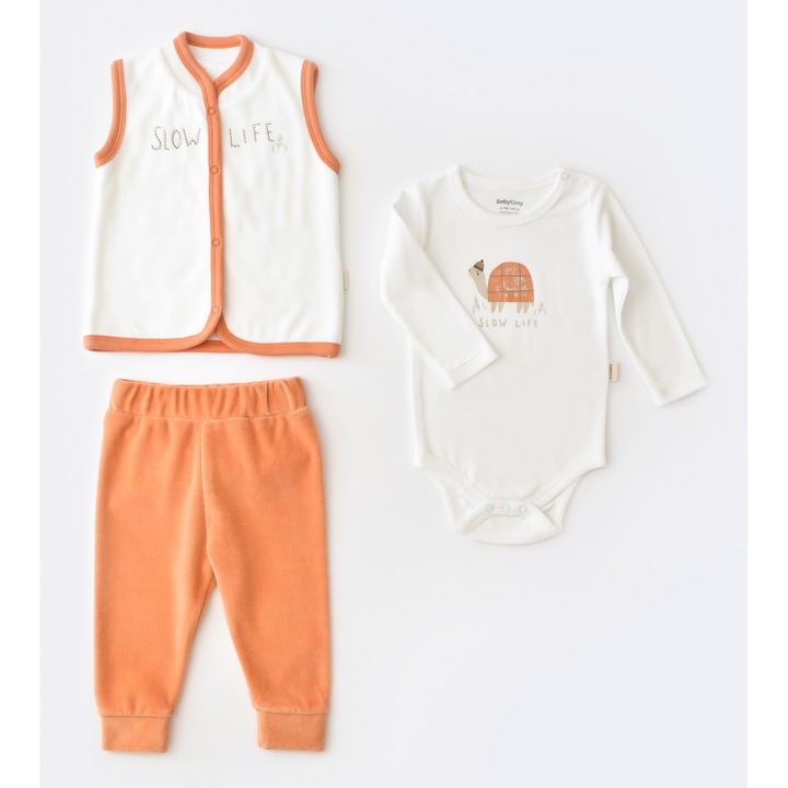 Set 3 piese Broscuta cu body, pantalonasi si vestuta din 80% bumbac organic si 20% poliester, BabyCosy, Portocaliu