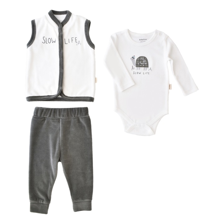 Set 3 piese Broscuta cu body, pantalonasi si vestuta din 80% bumbac organic si 20% poliester, BabyCosy, Gri antracit