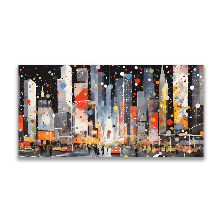 Първокласна картина на платно, LuxCanva, A1613, Абстрактен град, 70 X 140 CM, 100% памучно платно 400g/m2, Дървена рамка, Всекидневна, Хора, Светлини, Сгради, Декоративна, Спалня, Живи цветове