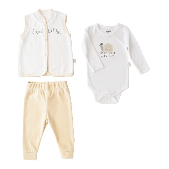 Set 3 piese Broscuta cu body, pantalonasi si vestuta din 80% bumbac organic si 20% poliester, BabyCosy, Crem