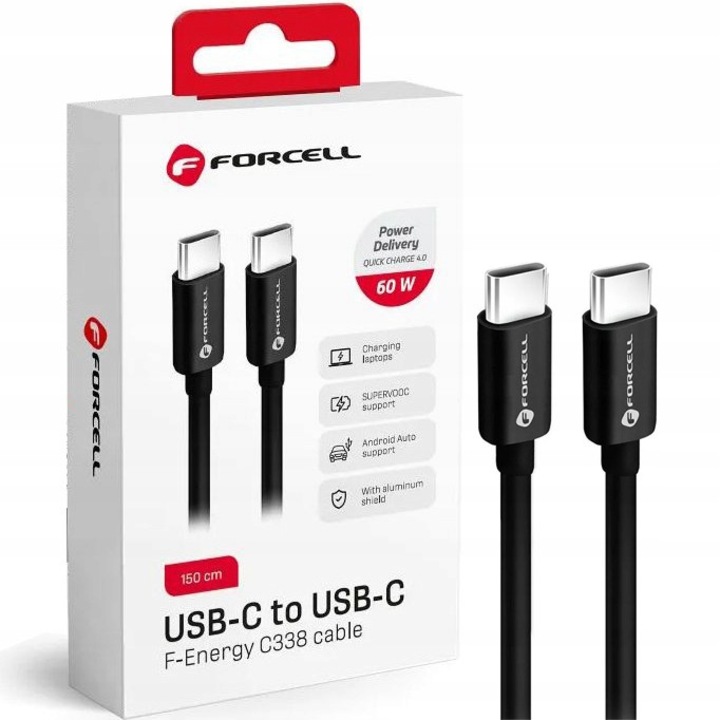 Cablu de date Forcell C338, USB-C la USB-C, 60W, Quick Charge 4.0, Power Delivery, 1.5m, negru