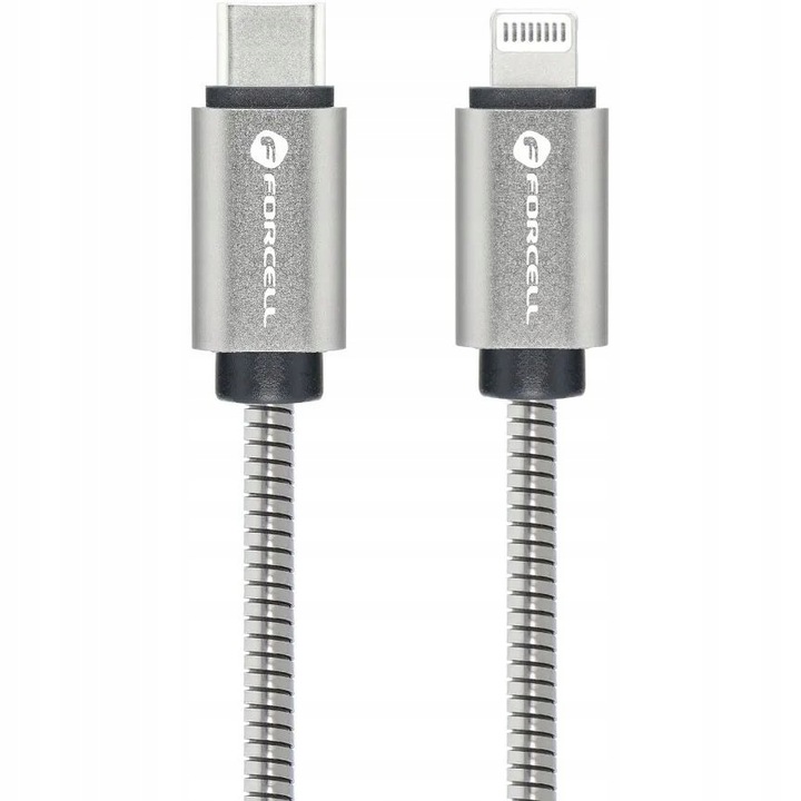 Cablu de date, Forcell, USB-C la Lightning, PVC, 27W, PD, QC3.0, 1 m, Argintiu