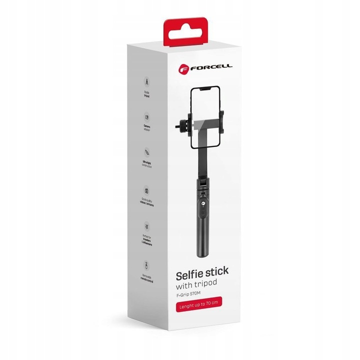 Selfie stick cu trepied, Forcell, F-GRIP S70M, Bluetooth 5.1, 30.5/70cm, negru