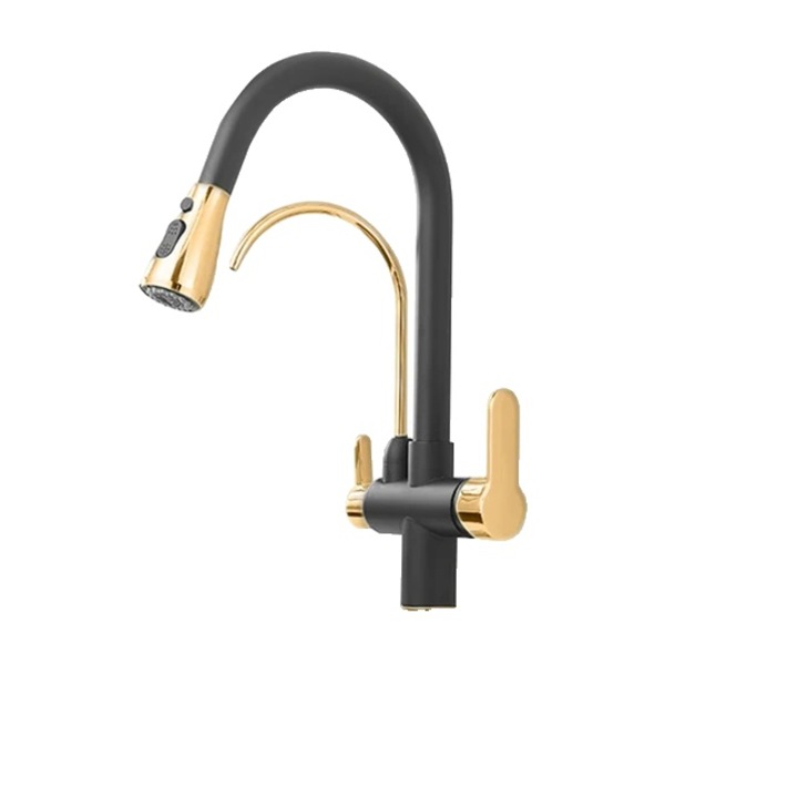 Konyhai csaptelep, kettős vezérlés, víztisztító, 17,3x9,8x8,9 hüvelykes, fekete arany bevonat