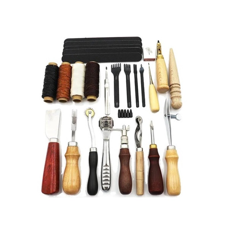 Комплект инструменти за кожарство, 25 части, многоцветни, метал/дърво