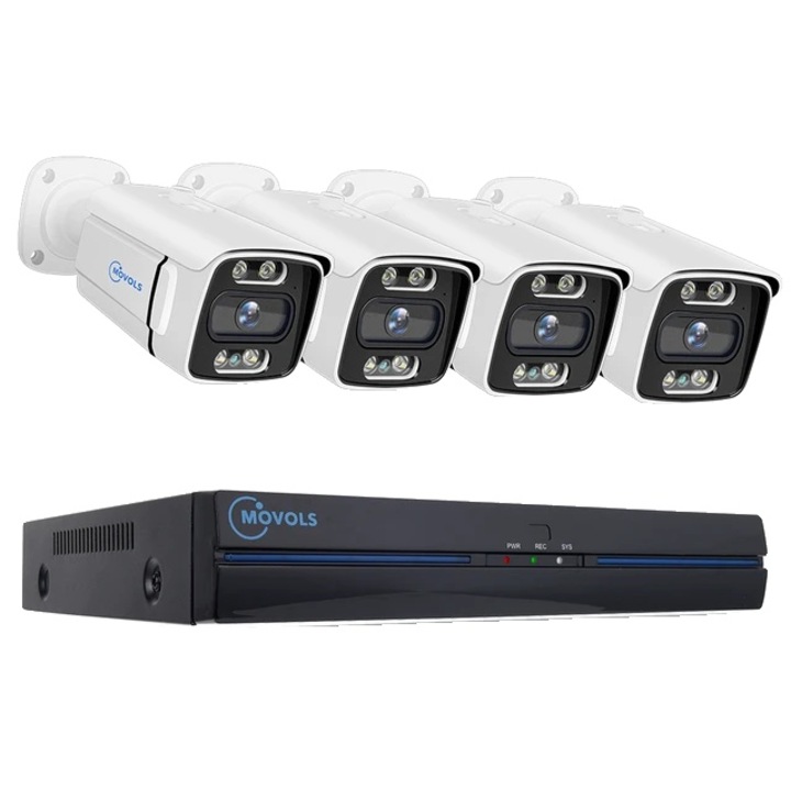 Система 4 камери за видеонаблюдение, 5MP, Цветно нощно виждане, Детекция на движение, IP67, PoE, Бял