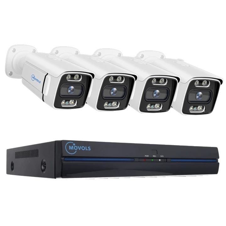 Система 4 камери за видеонаблюдение, 8MP, Цветно нощно виждане, Детекция на движение, IP67, PoE, Бяла