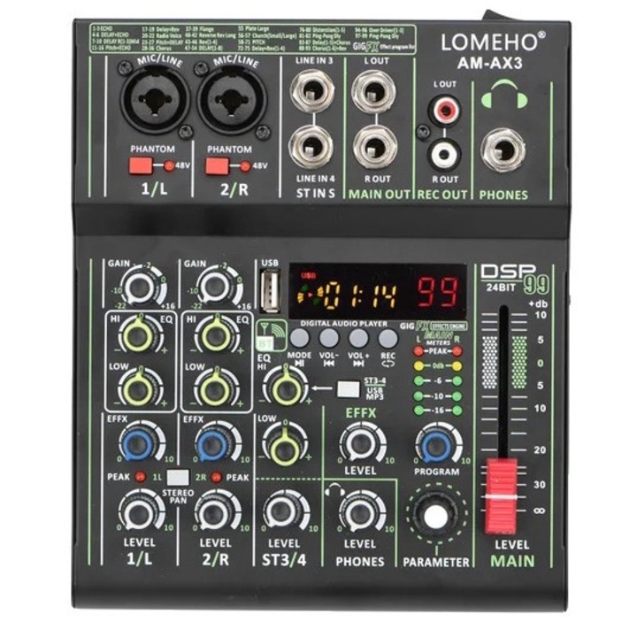 Mixer audio Lomeho, 99 efecte DSP, redare si inregistrare USB, 4 Canale