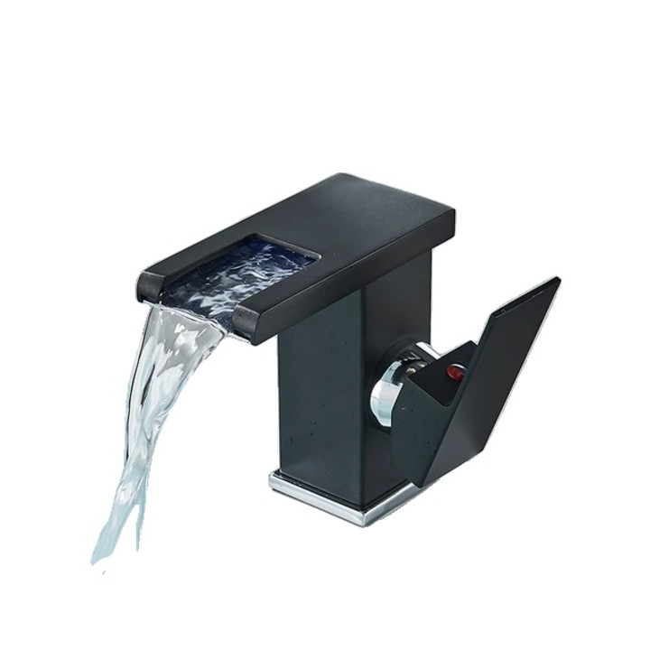 Fürdőszoba mosogató szaniter csaptelep, LED, igényes kivitel, egykaros, fekete króm, kerámia, munkalapra szerelhető