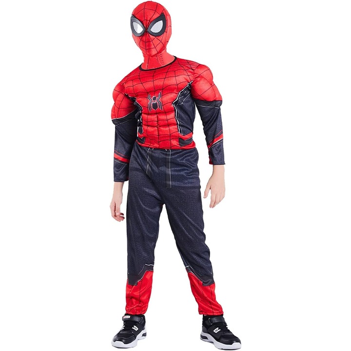 Set Costum copii Spiderman cu muschi si cagula, 7-8 ani, multicolor