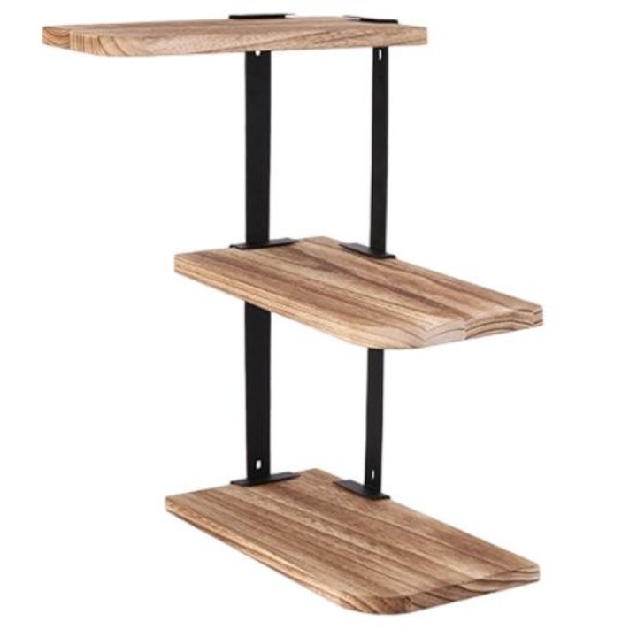 3 szintes fali polc, rusztikus design, fém/karbonizált fenyő, barna/fekete