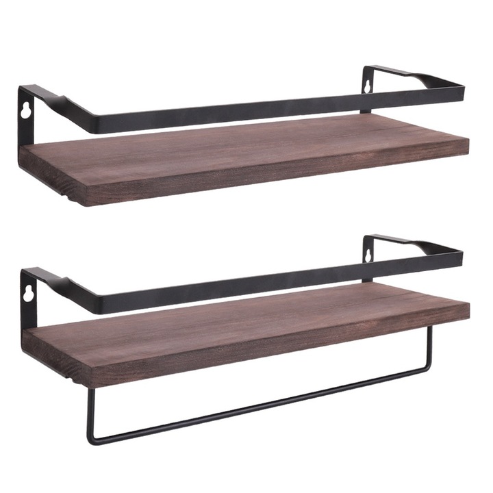 Falipolc készlet, fenyő + vas, barna/fekete, 40x15x7cm, 2db