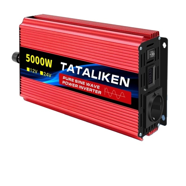 Invertor de putere, unda sinusoidala pura de 5000 W, iesire stabila de 220 V, monitorizare LED si eficienta ridicata pentru uz casnic, auto si in aer liber, 5000 W UE 12 V 50 Hz Europa