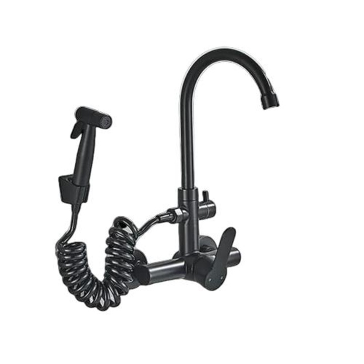 Szaniter csap fürdőszobai mosogatóhoz, falra szerelhető, 2 lyukkal, matt fekete, rozsdamentes acél, hosszú csap