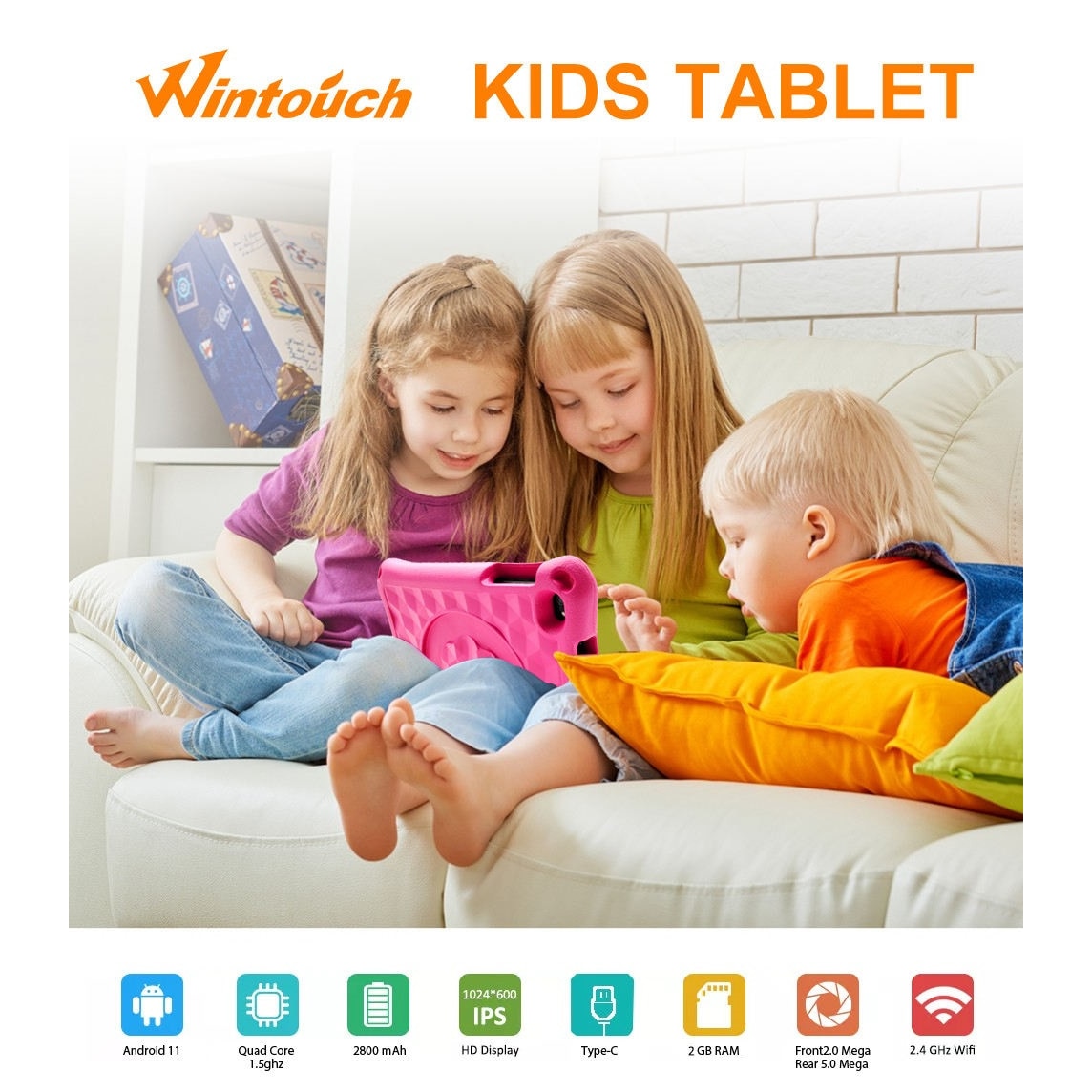 Tableta pentru copii Wintouch K714, Android, 2 GB RAM, 7 inchi, 32 GB, WIFI, Doua camere, Control parental, Roz