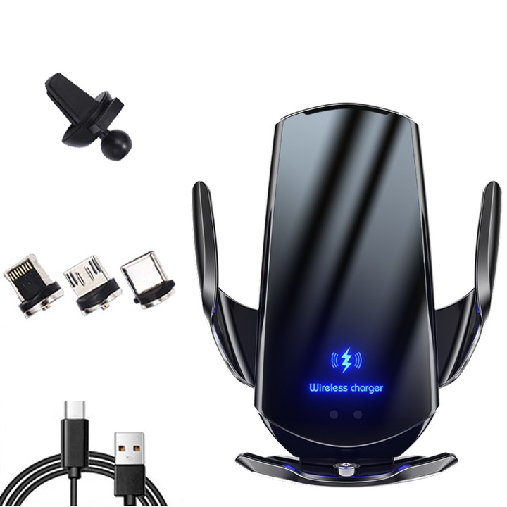 Univerzális autós tartó vezeték nélküli töltéshez, 15W, automata markolat, fekete, 4,5-6,5 hüvelyk