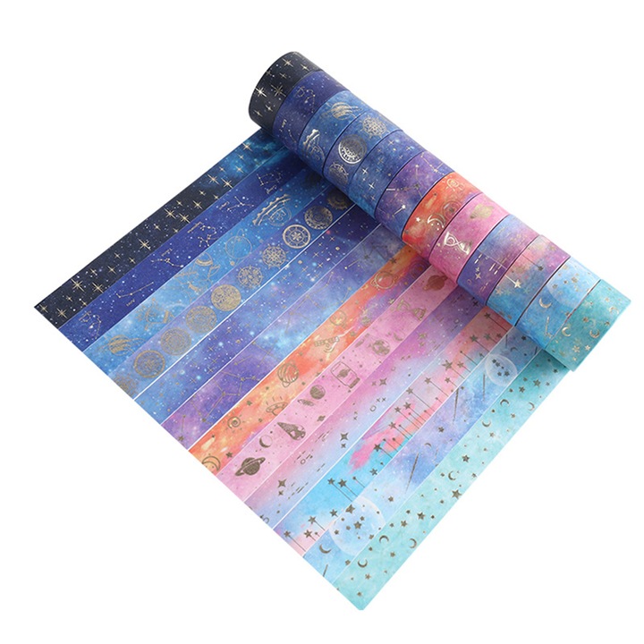 Set de 12 benzi adezive washi, model stele si planete, multicolor, 2m x 15mm