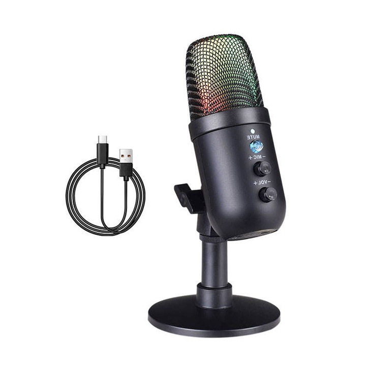 Microfon condensator, Lumina RGB, cardioid, USB, Ascultare in timp real, Reducere zgomot fundal, pentru gaming, inregistrari, streaming, Negru mat