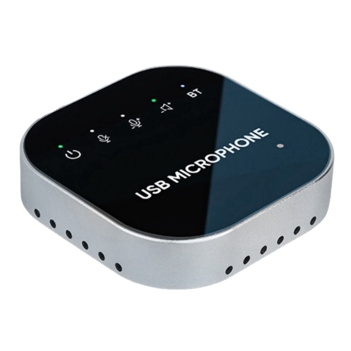 USB конферентен микрофон, с високоговорител, всепосочен, вградена батерия 800mAh+, издържа 6-8 часа, компютър/телефон, поточно предаване, на живо, видеоконферентна връзка, улавяне на звук на 360°, компактен, черно-сив