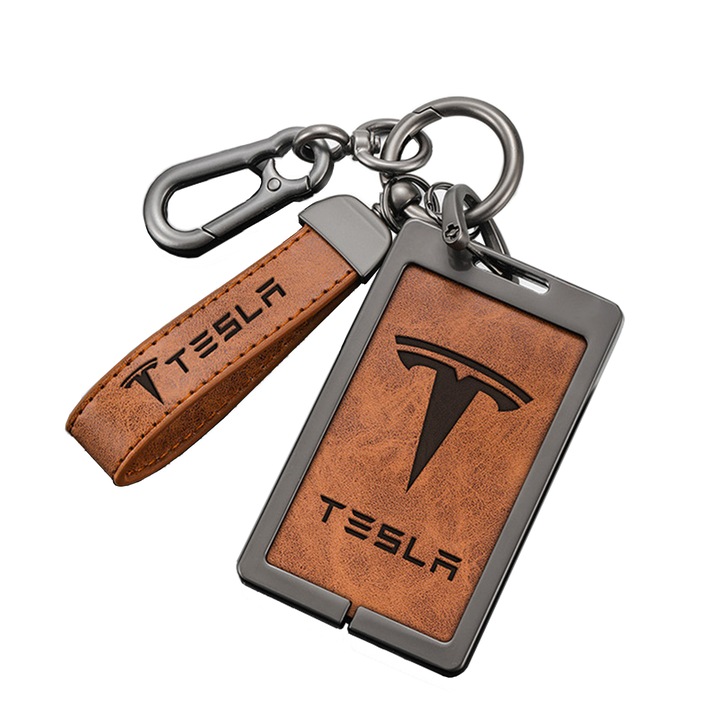 Калъф за ключ Tesla Model 3/Y, верижка от кожа и метал, кафяв