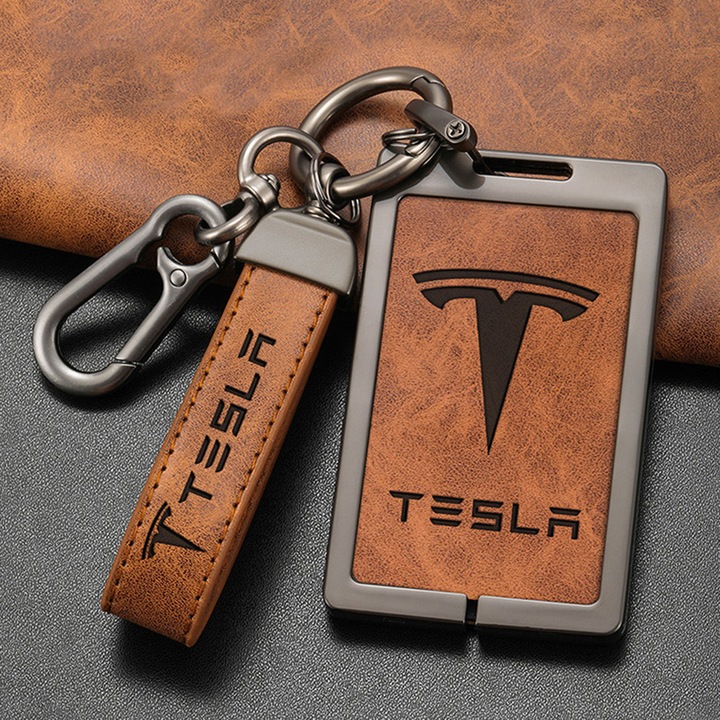 Калъф за ключ Tesla Model 3/Y, верижка от кожа и метал, кафяв
