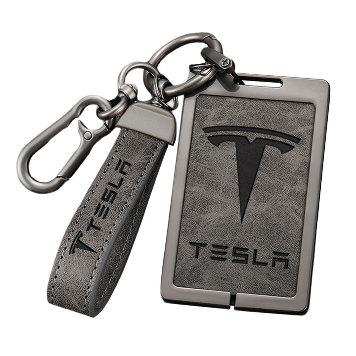 Калъф за ключ Tesla Model 3/Y, верижка от кожа и метал, сив