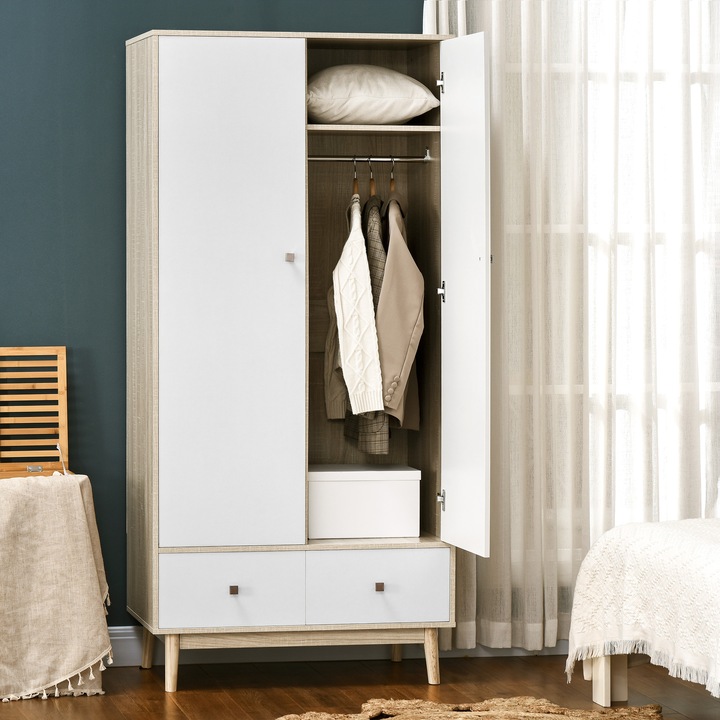 Homcom szekrény, 2 ajtós, 4 rekeszes, 2 fiókos, fa és fehér, 90x50x190cm