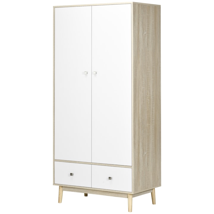 Homcom szekrény, 2 ajtós, 4 rekeszes, 2 fiókos, fa és fehér, 90x50x190cm