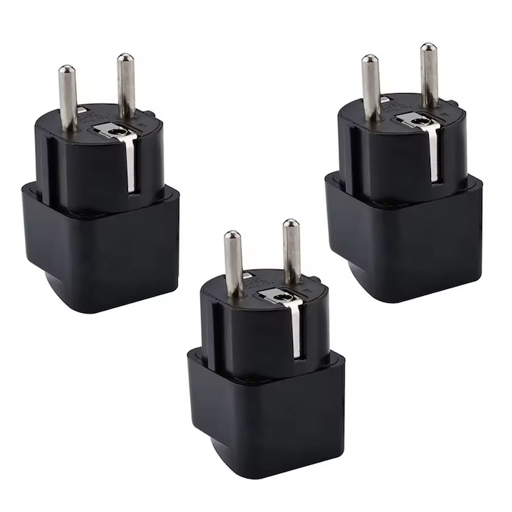 3 db-os univerzális adapter szett, Darklove, 2 tűvel, 10A-240V, Tiszta réz vezeték, Hordozható, Bluetooth hangszórókhoz, laptopokhoz és mobiltelefonokhoz, Kompatibilis Spanyolország, Németország, Oroszország és Finnország, ABS, 3,5x3,5x6,7 cm, fekete