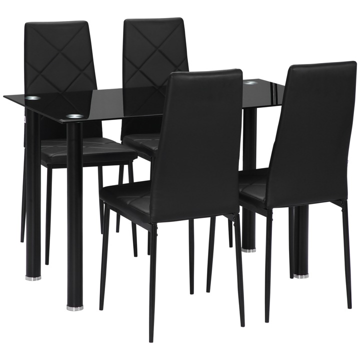Set masa si 4 scaune HOMCOM, 4 persoane, sticla securizata/otel, negru, 120x60x75cm
