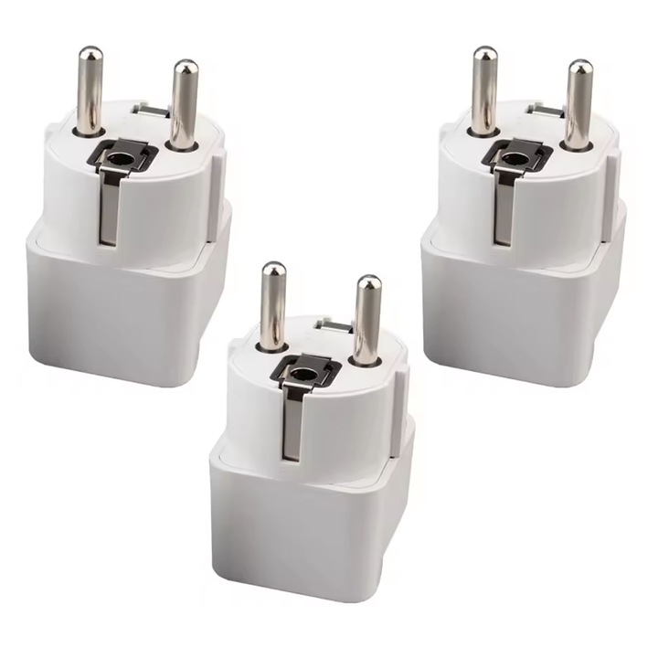 3 db univerzális adapter készlet, Darklove, 2 pin, 10A-240V, Tiszta réz vezeték, Hordozható, Bluetooth hangszórókhoz, laptopokhoz és mobiltelefonokhoz, Kompatibilis Spanyolország, Németország, Oroszország és Finnország, ABS, 3,5x3,5x6,7 cm, fehér