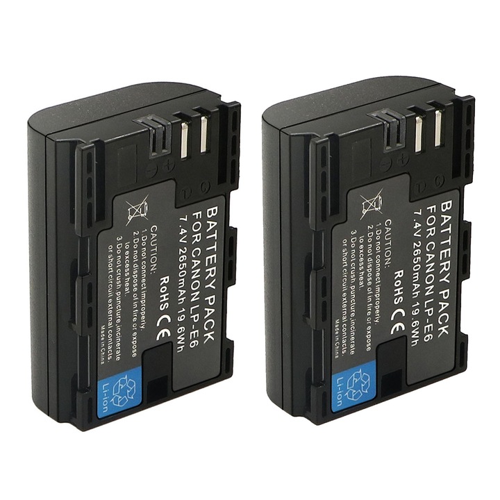 Комплект от 2 батерии LP-E6 2650mAh, Darklove, Съвместими с DSLR фотоапарати Canon EOS 5D Mark IV, 5D Mark III, 5DS, 5DS R, 5D Mark II, 60D дръжки, Стандартно напрежение 7.4V, Лесен за инсталиране, Преносим, 57* 39* 21 мм, черен