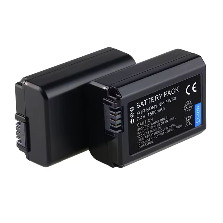 2db akkumulátor készlet NP-FW50 1500mAh, Darklove, Sony fényképezőgépekkel kompatibilis NEX-5N, NEX-5, NEX-F3, NEx-C3, NEX-3, Standard feszültség 7,4V, Könnyen telepíthető, Hordozható, Túlfeszültség védelem, 32 × 19×45 mm, fekete