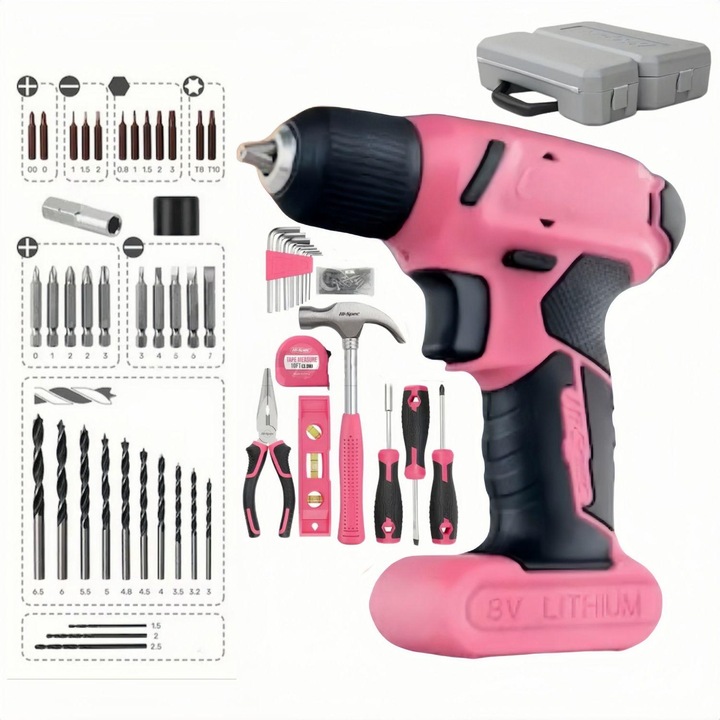 Комплект акумулаторни електрически винтоверти, MOSMAOO, аксесоари 58 части, 8V, 1500 mah, 300rpm, 8Nm, битова електрическа бормашина, многофункционална кутия за инструменти, розов