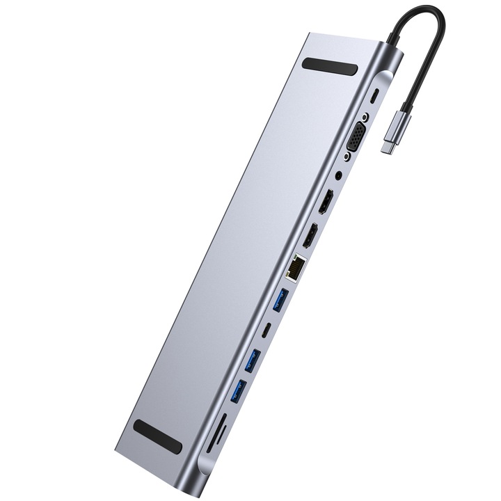 12 в 1 мултипортов хъб адаптер, MOSMAOO®, USB-C 3.1, TF SD четец на карти, 2x HDMI 4K, PD 100W порт, USB Type-C, VGA, USB 3.0, 2x USB 2.0, LAN RJ45 (100 MB/S), Jack Audio, Докинг станция за лаптоп, телефон, MacBook Air/Pro, сив