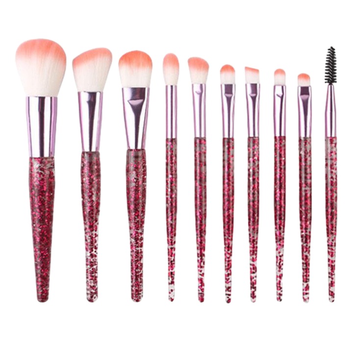 Set de 10 pensule de machiaj cu sclipici, fibre sintetice, mov, pentru conturare si aplicare fard