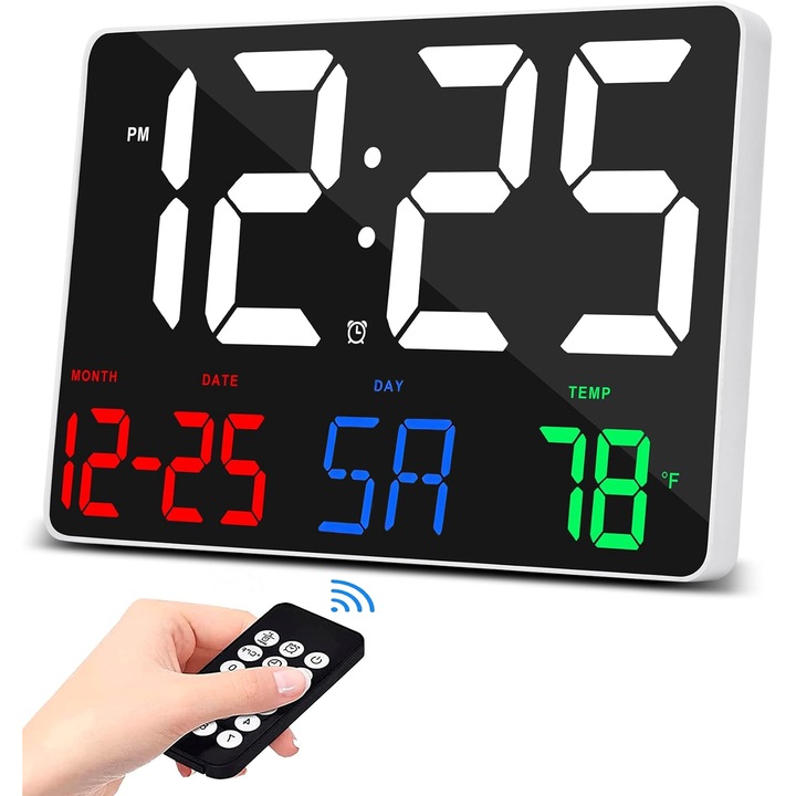 Ceas Digital de Perete cu Led, BYONDSELF®, Ecran Mare 11.5 Inchi, Calendar, Afisaj temperatura, 4 Luminozitate reglabila, Desktop/Montat Perete, Functie Fotocelula Automata/Snooze/Memorie, 12/24 Ore, cu Telecomanda, Negru