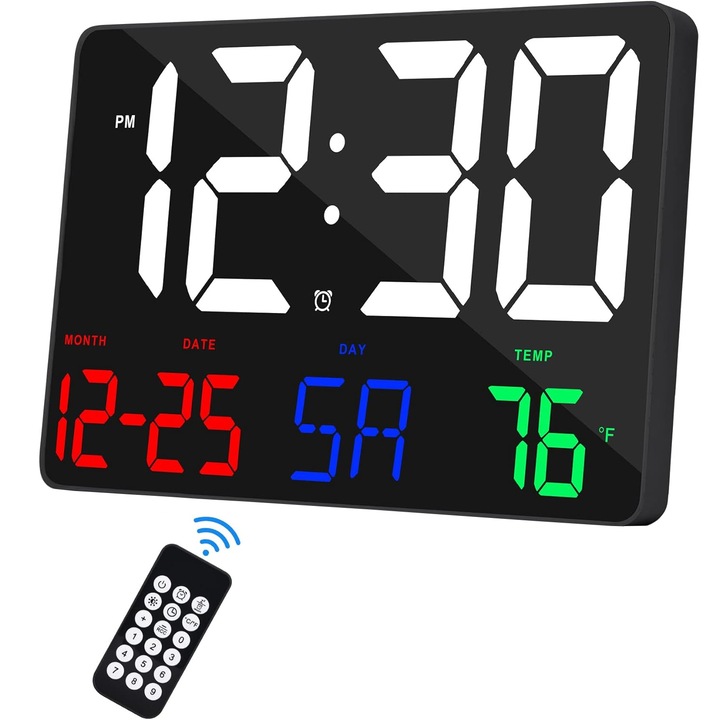 LED дигитален стенен часовник, BYONDSELF®, голям екран 11,5 инча, 4 нива на регулиране, настолен/стенен, автоматична фотоклетка/функция за дрямка/памет, 12/24 часа, с дистанционно управление, цветни цифри