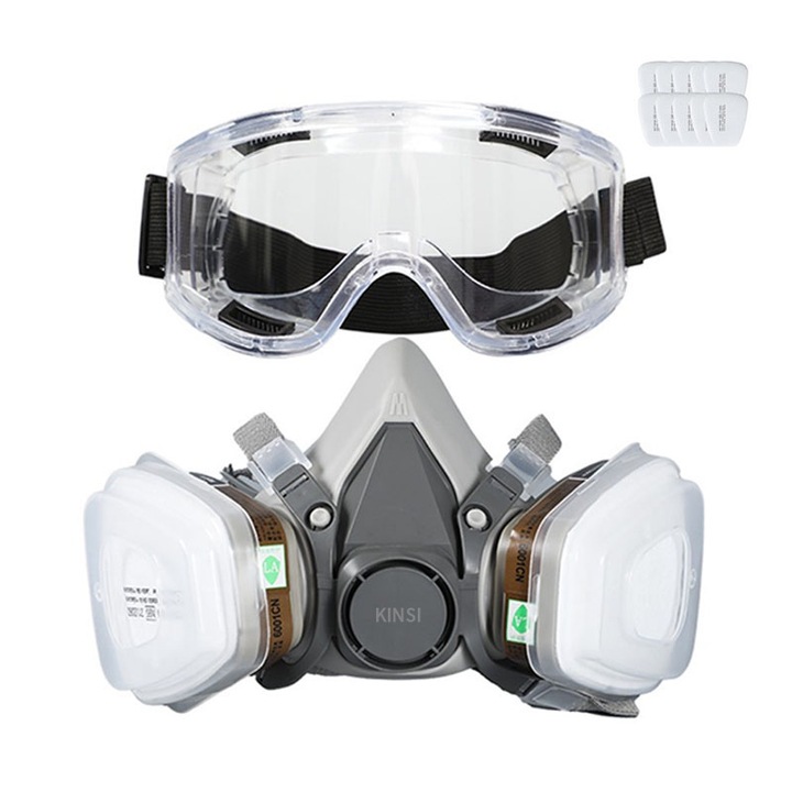 Set Ochelari si Masca de Protectie, KINSI, 2 Filtre de Carbon Activ, Protectie Impotriva Vaporilor, Vopselei sau Prafului, 10 x Filtru bumbac, Gri