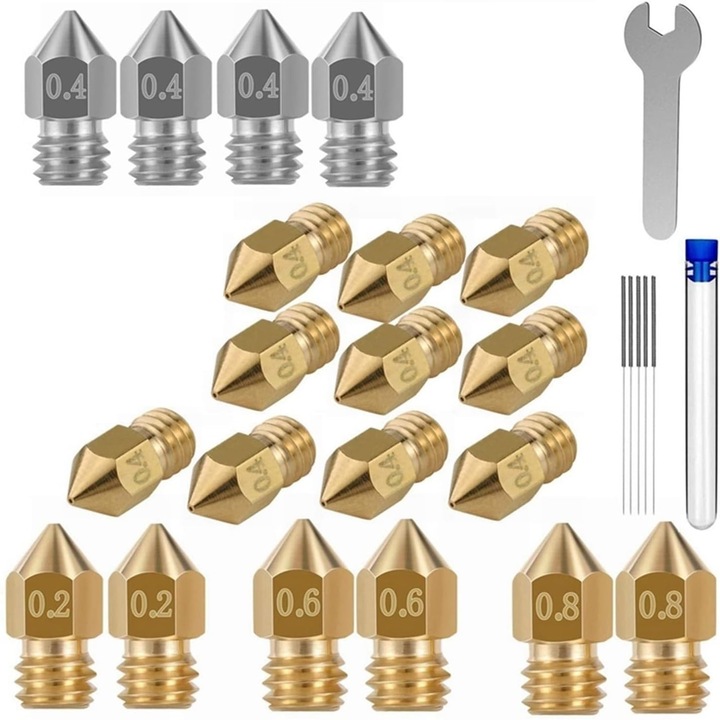 3D nyomtató fúvókakészlet, 30 darab, 0,2 mm 0,4 mm 0,6 mm 0,8 mm, M6 menet, Latauar, 1,75 mm-es filament, sárgaréz és rozsdamentes acél, tisztítórudakkal