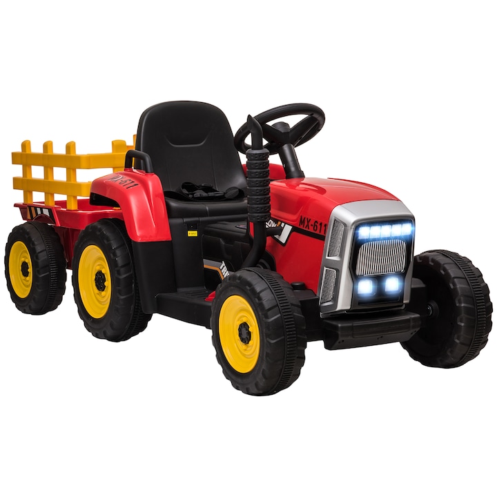 Homcom gyerek elektromos traktor levehető pótkocsival, fényekkel és zenével, polipropilén/fém, tarka, 136,5x50x52,5 cm
