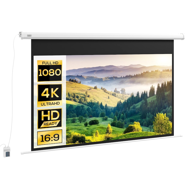 Електрически прожекционен екран Homcom, 84", 16:9, моторизиран, стенен/таван, 215x8x140cm, бял