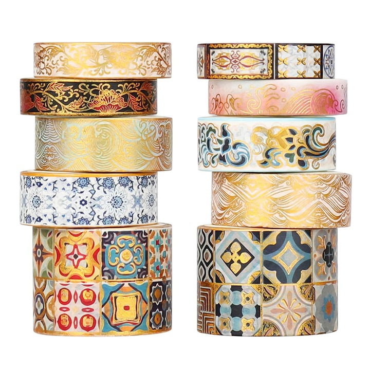 Set de 10 Role Banda Adeziva Washi, Vintage Aurie, Multicolor, 3m x 1/1.5/3cm