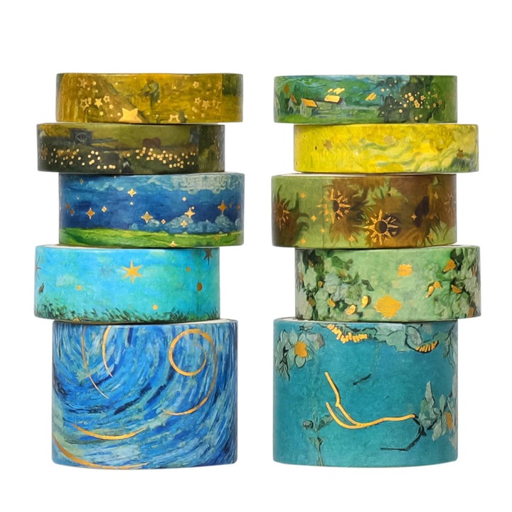 10 db-os washi szalagtekercs díszítéshez, Van Gogh stílusú, többszínű
