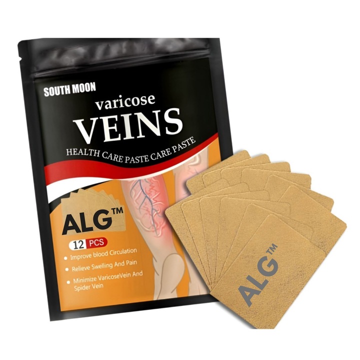 Set Plasturi Pentru Varice ALG™ (vene varicoase), pentru senzatia de Picioare Grele si Obosite si Imbunatatirea Circulatiei Sangelui, din Plante Naturale, Dimensiuni 7x10 cm, Pachet 12 Bucati