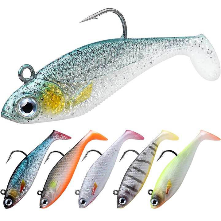 Set 6 naluci din silicon cu carlig jig Fish & Paws ®, in forma de stiuca, voblere cu coada sub forma de paleta, pentru pescuitul cu momeli la Biban, Pastrav, Crap in apa dulce sau sarata, 9cm, 13g, culori realistice