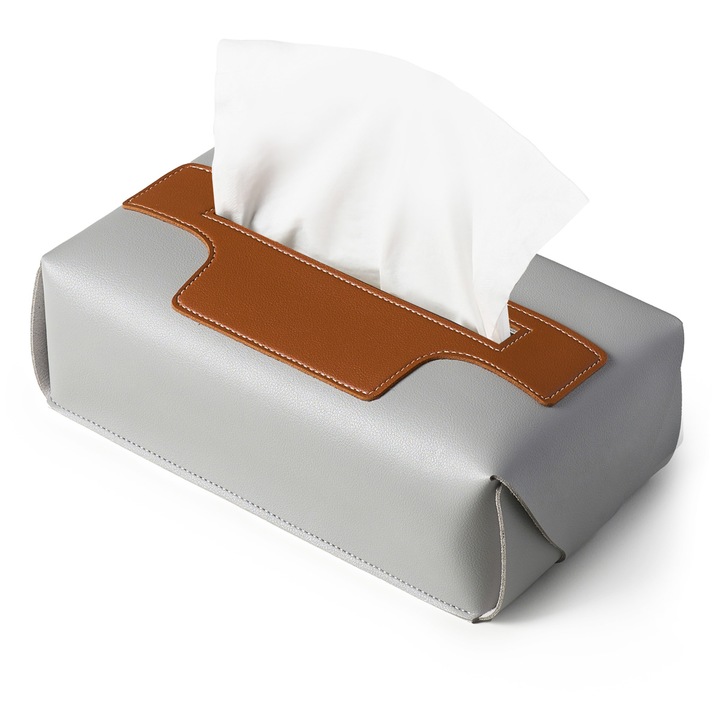 Cutie suport servetele, APO®, Piele pu, 25x13x8 cm, Gri/Maro