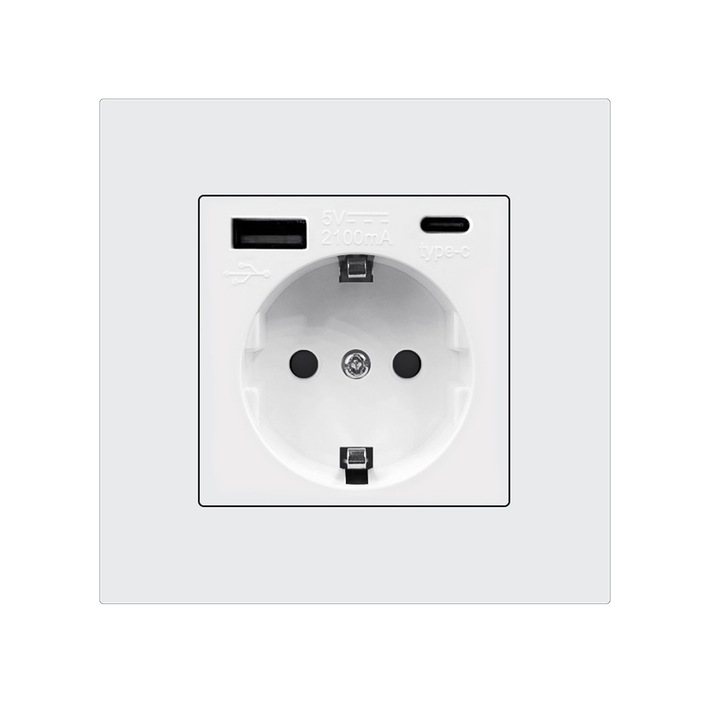 Обикновен контакт, NUODWELL, 16A, 4000W, Защита за деца и пренапрежение, USB-A и USB-C портове, Цветен дизайн, Лесен за инсталиране, издръжлив и практичен, За хотели, ресторанти, къщи, 86 x 86 mm, PC, Бяло