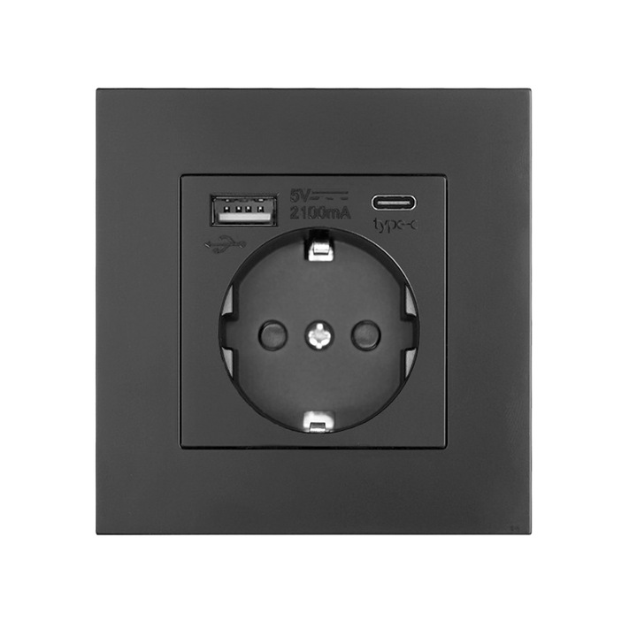 Обикновен контакт, NUODWELL, 16A, 4000W, Защита за деца и пренапрежение, USB-A и USB-C портове, Цветен дизайн, Лесен за инсталиране, издръжлив и практичен, За хотели, ресторанти, домове, 86 x 86 mm, PC, черен